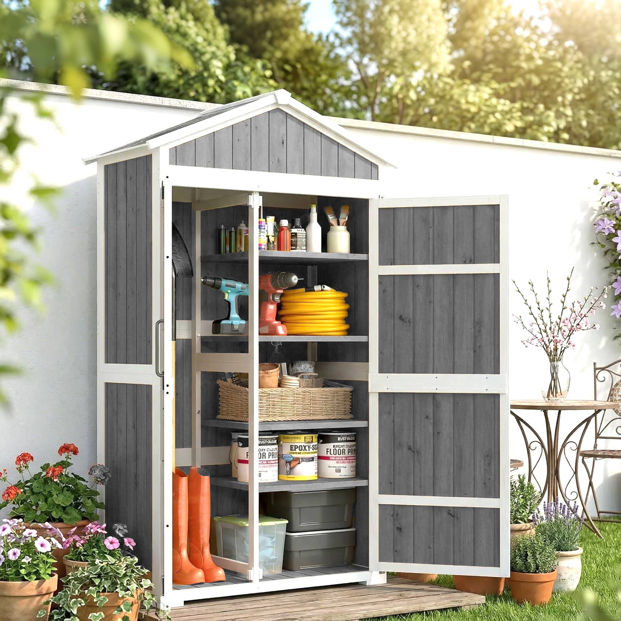 Armoire de Jardin Abri de Jardin Étanche avec Toit en Métal Double Porte pour Outils de Jardinage 105x55x179cm Gris - Image 3