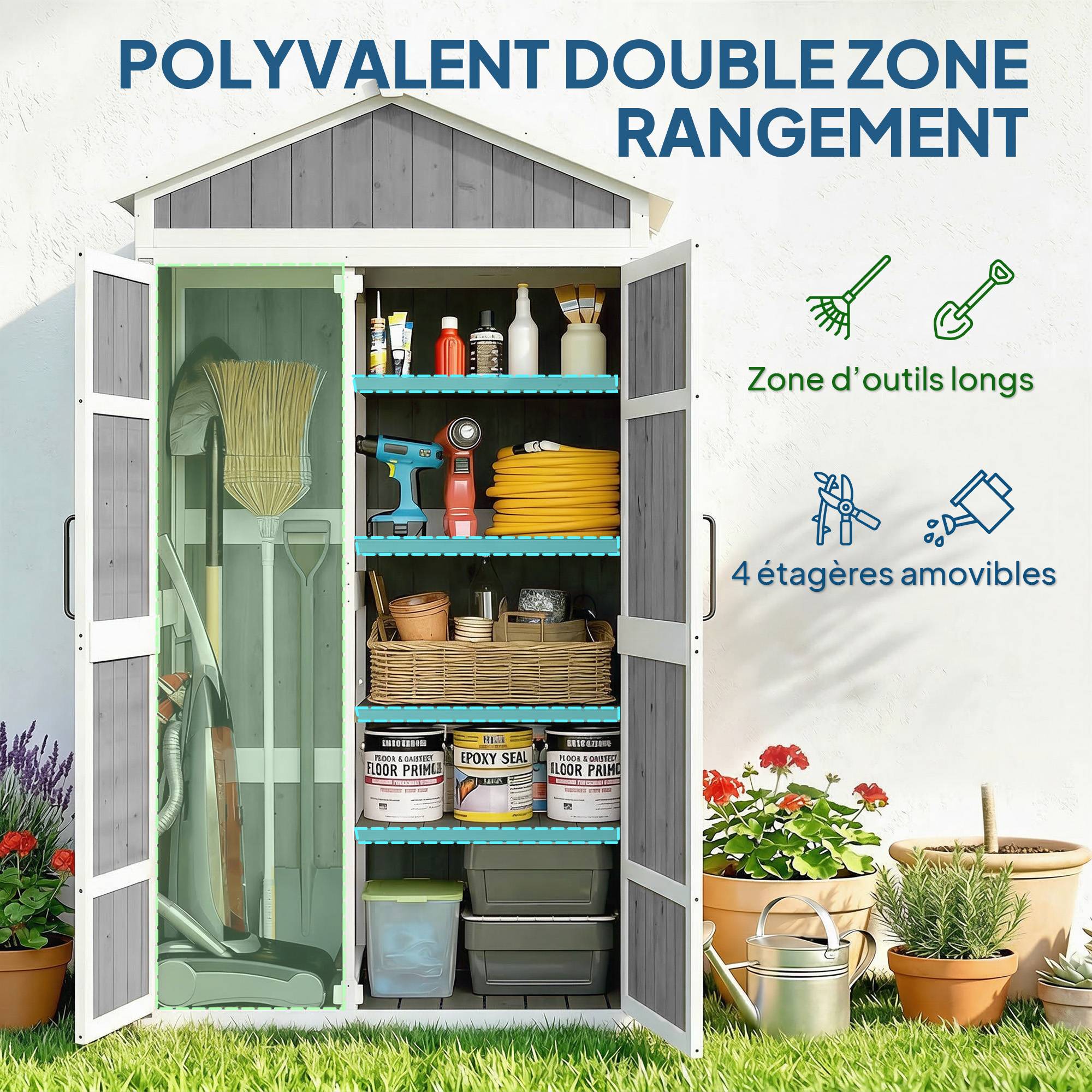 Armoire de Jardin Abri de Jardin Étanche avec Toit en Métal Double Porte pour Outils de Jardinage 105x55x179cm Gris - Image 5