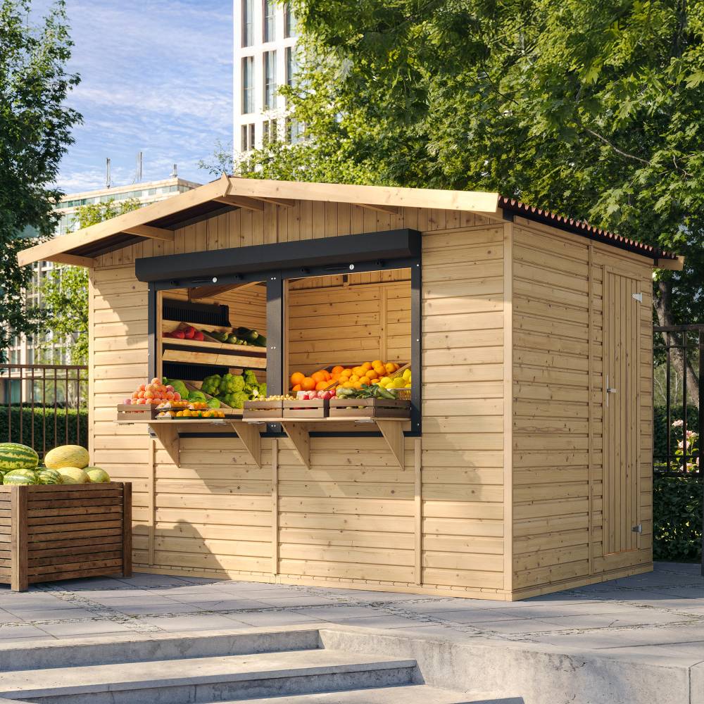 Timbela - Kiosque en bois - 6 m² - 263x336xH232 cm - avec 2 volets roulants verrouillables - 17 mm d’épaisseur - Timbela M150Z
