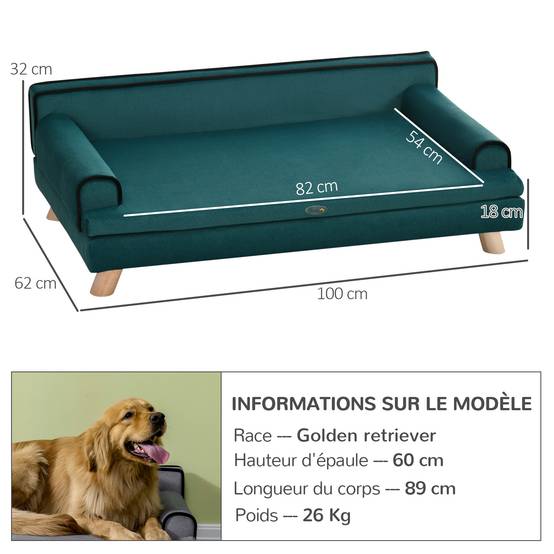 Sans Marque - Canapé pour chien chat design scandinave coussin moelleux amovible pieds bois massif 100 x 62 x 32 cm bleu canard - Image 5