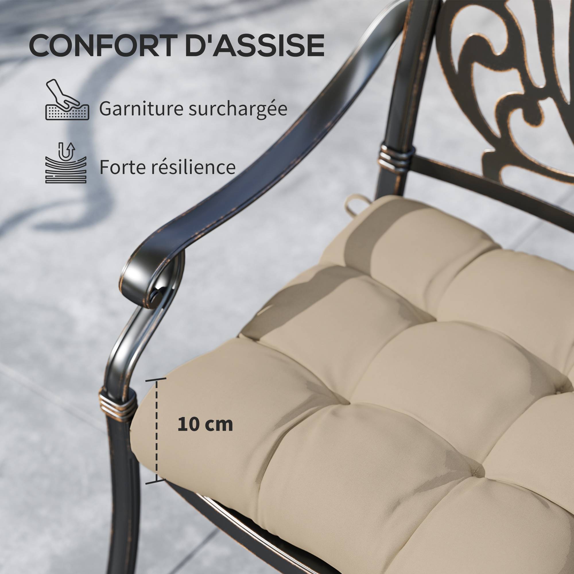Lot de 4 coussins de chaise de jardin, coussins extérieurs capitonné, rembourrage 10 cm avec attaches, 48 x 48 cm kaki - Image 8