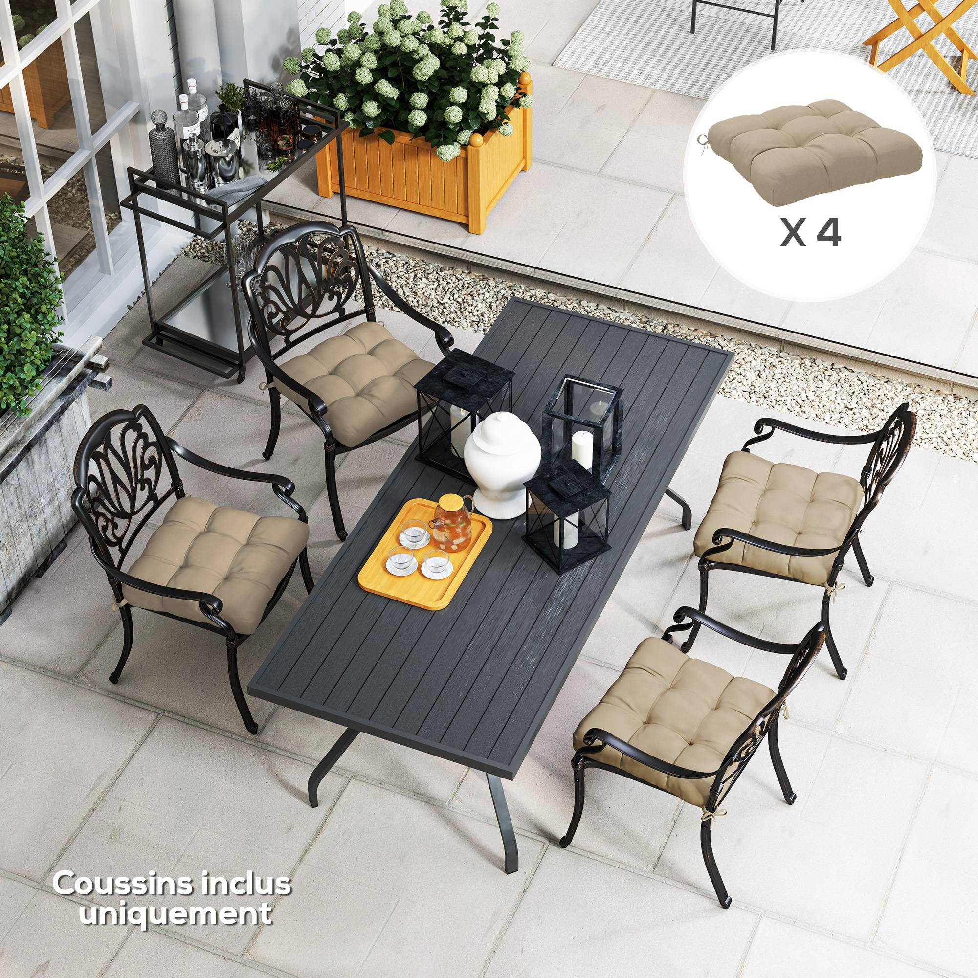 Lot de 4 coussins de chaise de jardin, coussins extérieurs capitonné, rembourrage 10 cm avec attaches, 48 x 48 cm kaki - Image 10