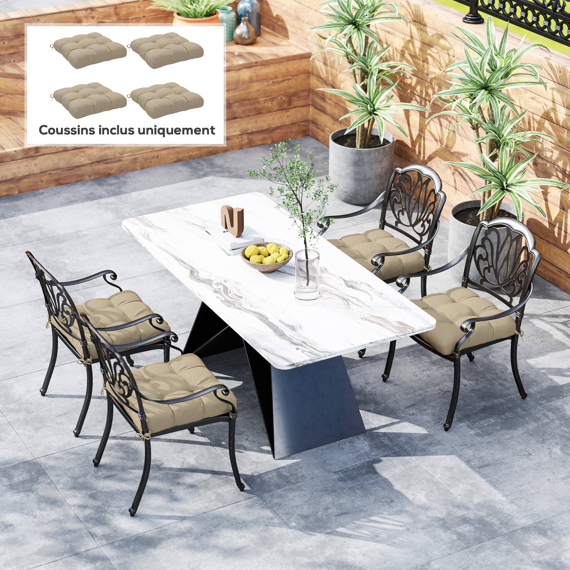 Lot de 4 coussins de chaise de jardin, coussins extérieurs capitonné, rembourrage 10 cm avec attaches, 48 x 48 cm kaki - Image 4