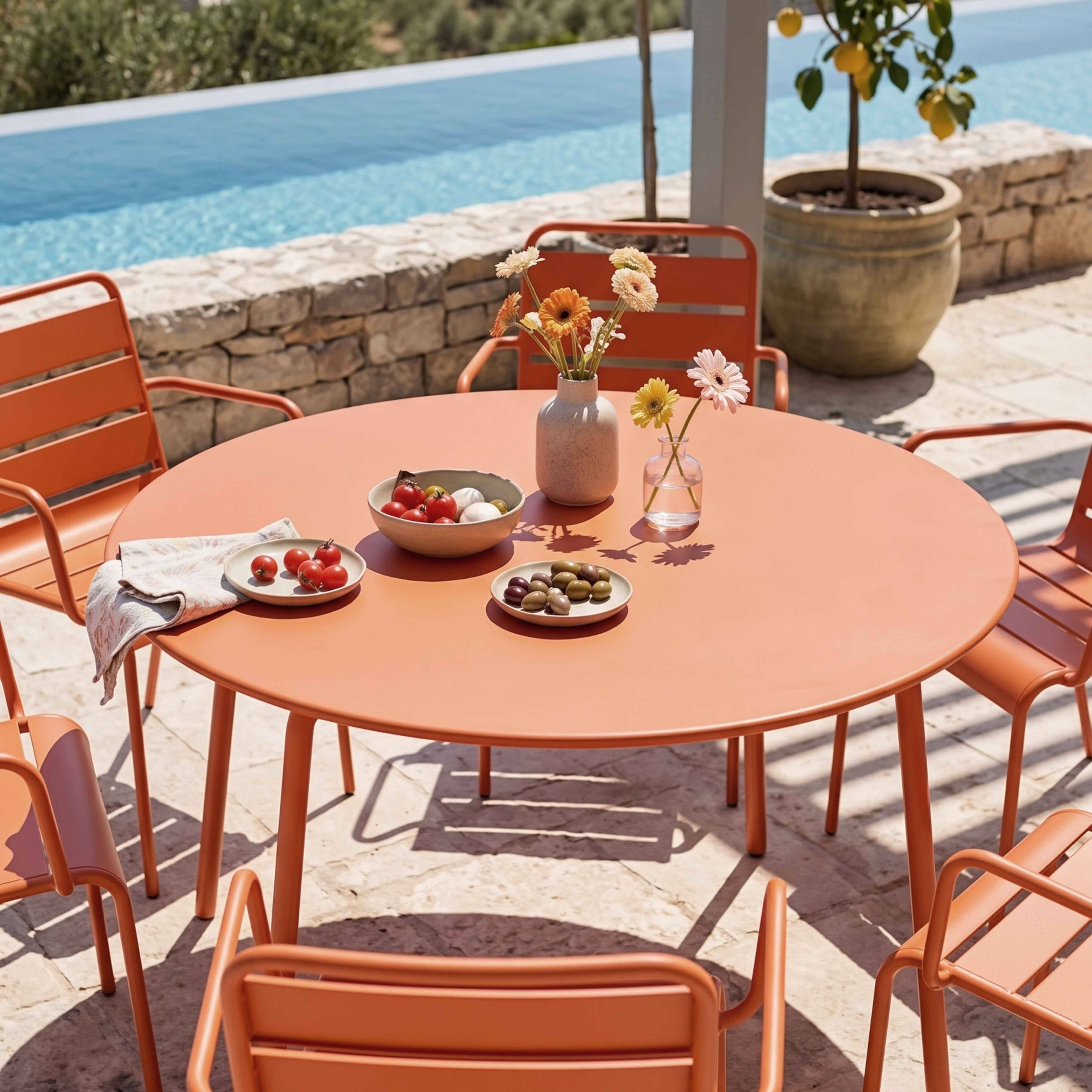 Oviala - Ensemble table de jardin ronde et 6 fauteuils acier orange Palavas - Oviala - Image 4