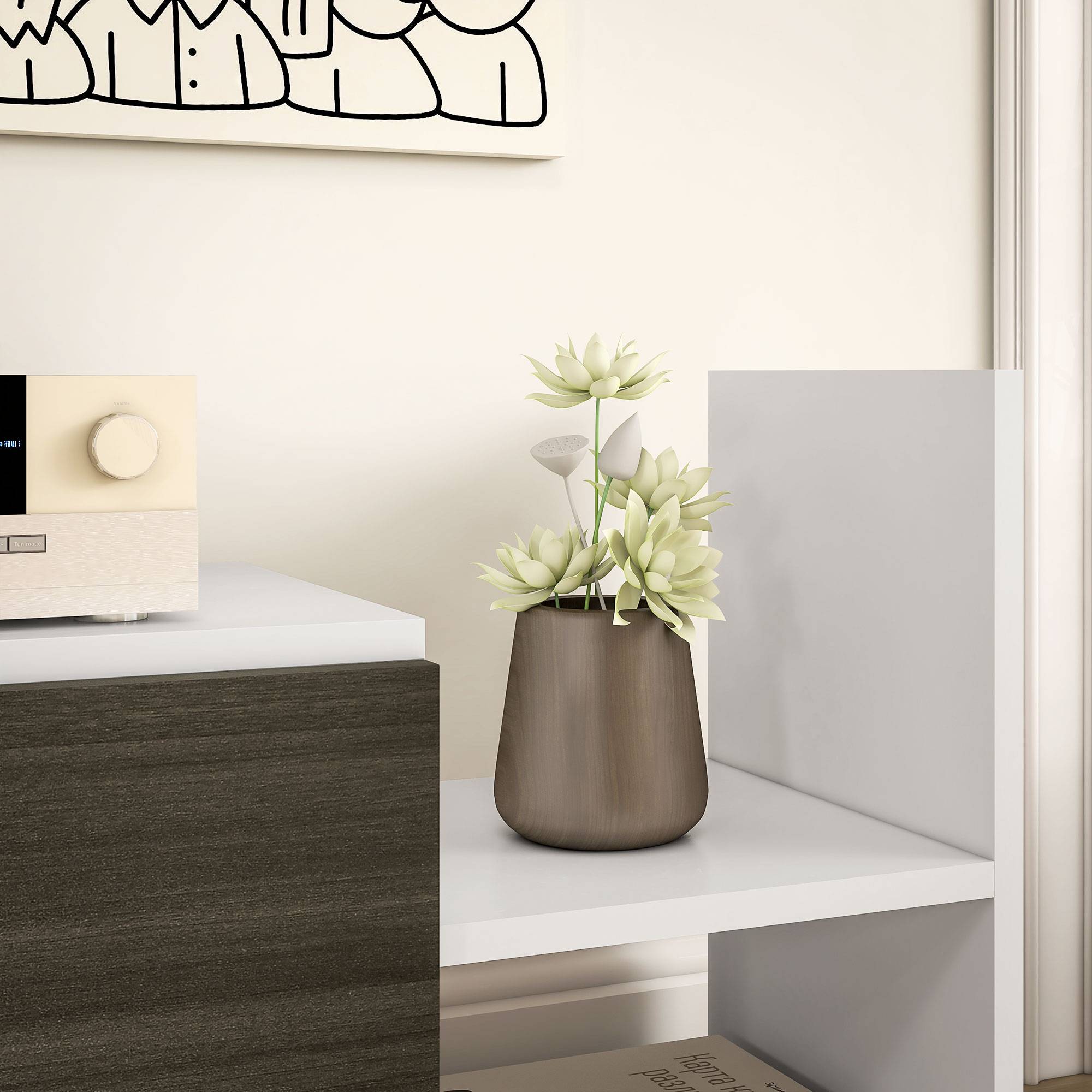Sans Marque - Meuble TV avec étagère murale, étagères ouvertes et armoire en bois, noir et blanc - Image 10