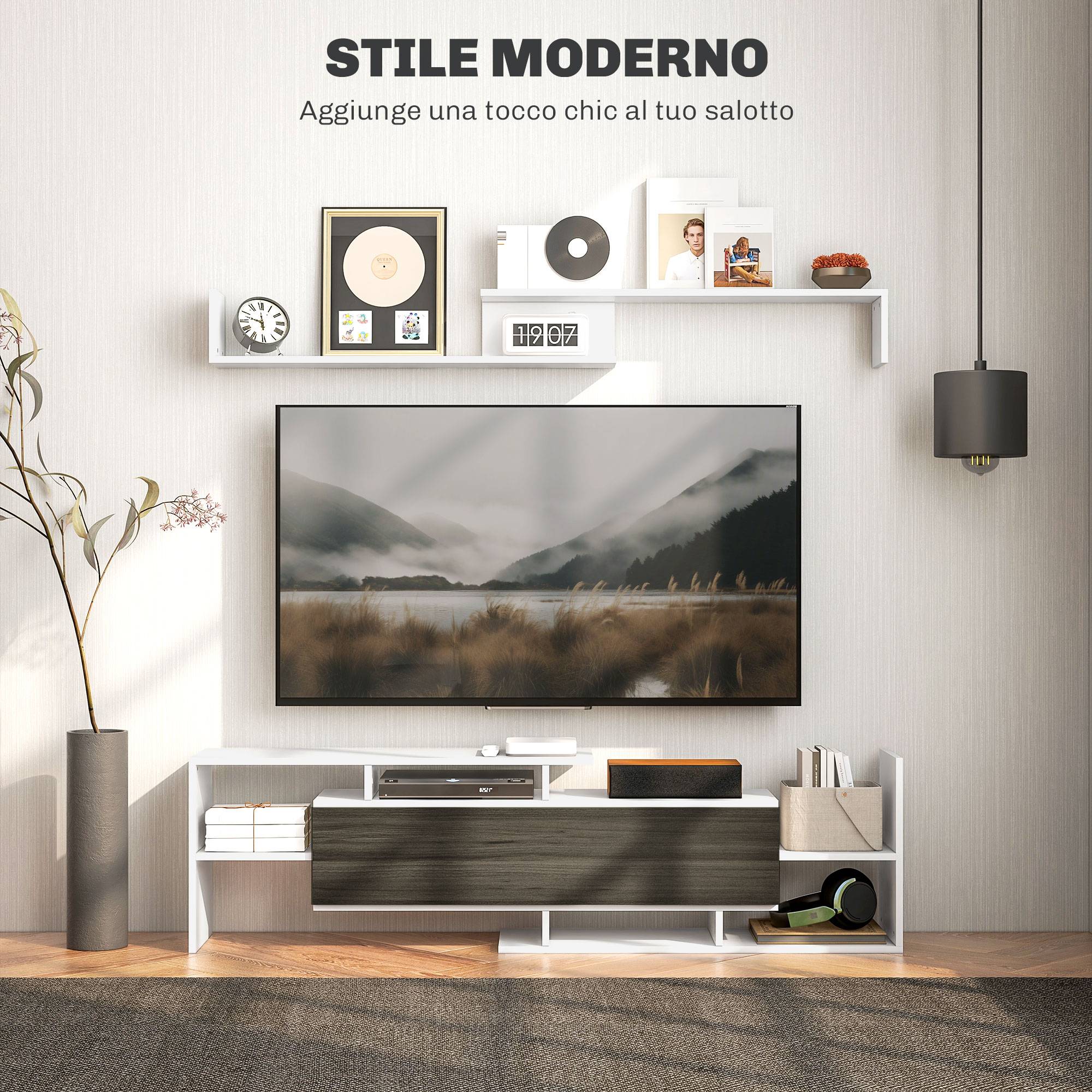 Sans Marque - Meuble TV avec étagère murale, étagères ouvertes et armoire en bois, noir et blanc - Image 6