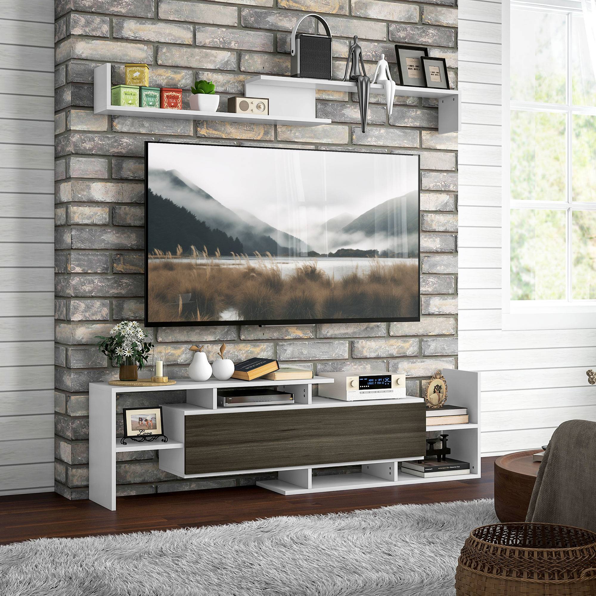 Sans Marque - Meuble TV avec étagère murale, étagères ouvertes et armoire en bois, noir et blanc - Image 4