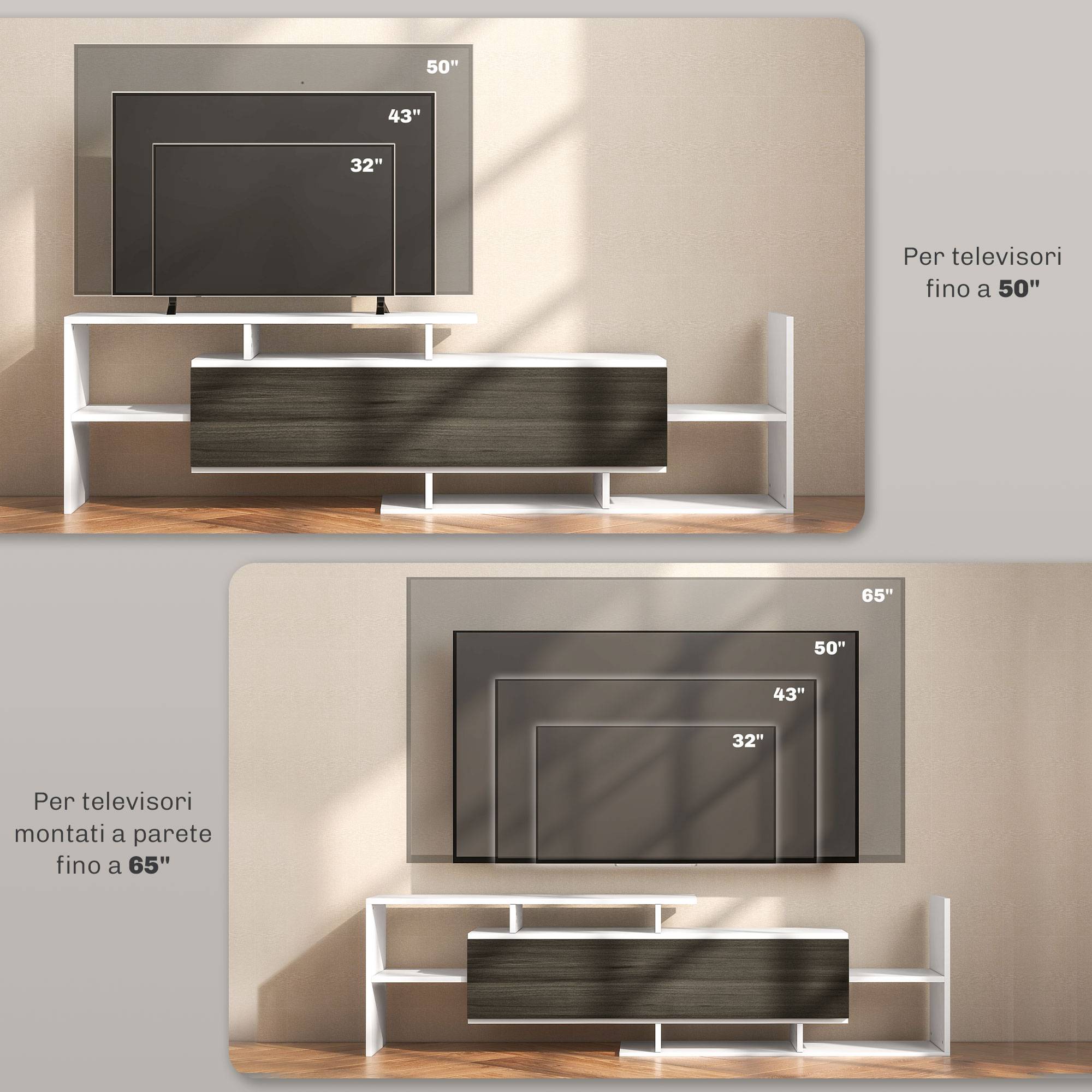 Sans Marque - Meuble TV avec étagère murale, étagères ouvertes et armoire en bois, noir et blanc - Image 9