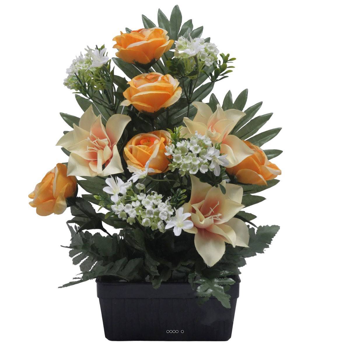 Artificielles - Jardinière fleurs artificielles Rose, Gardenia et mini fleurs Orange pour la Toussaint - couleur: Orange 660 - Image 2