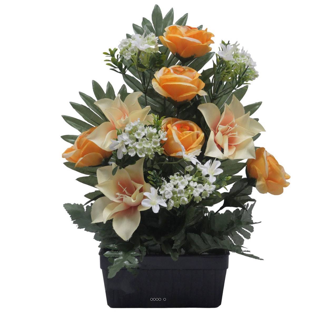 Artificielles - Jardinière fleurs artificielles Rose, Gardenia et mini fleurs Orange pour la Toussaint - couleur: Orange 660 - Image 1