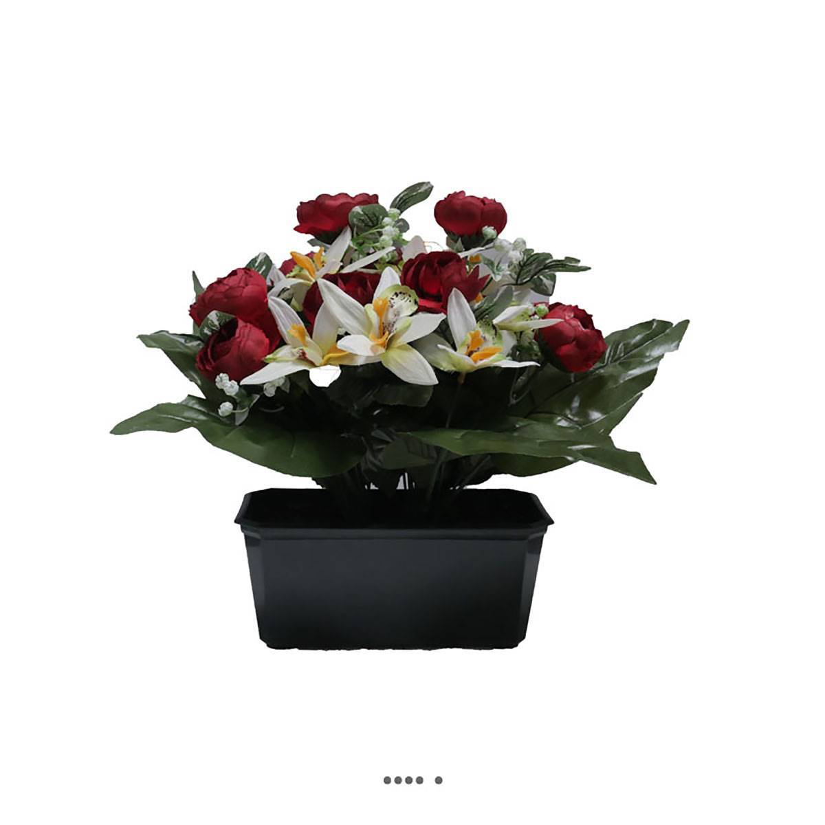 Artificielles - Jardinière fleurs artificielles cimetière renoncules et orchidées H 30 cm L 40 cm Bourgogne - couleur: Bourgogne - Image 2