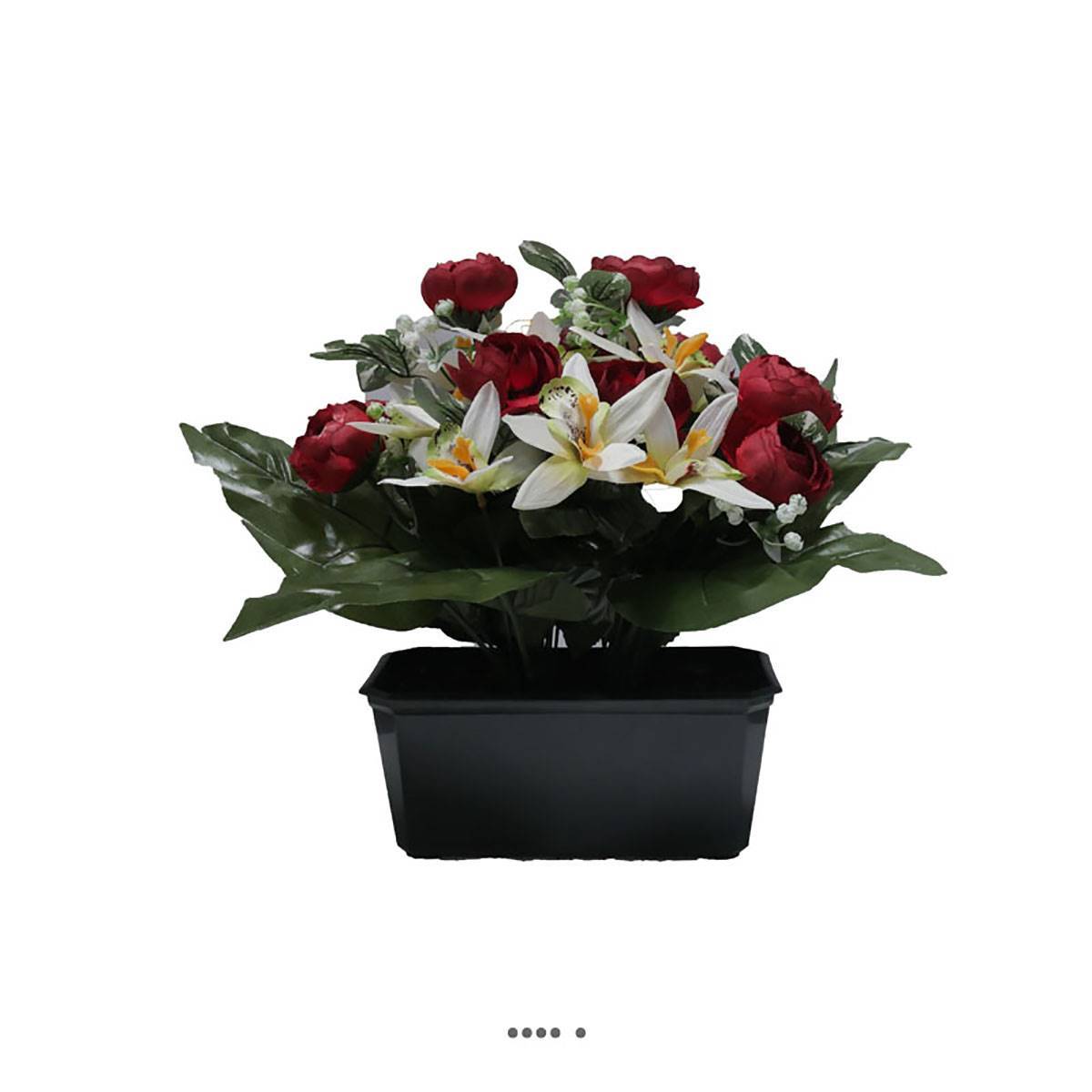 Artificielles - Jardinière fleurs artificielles cimetière renoncules et orchidées H 30 cm L 40 cm Bourgogne - couleur: Bourgogne - Image 1