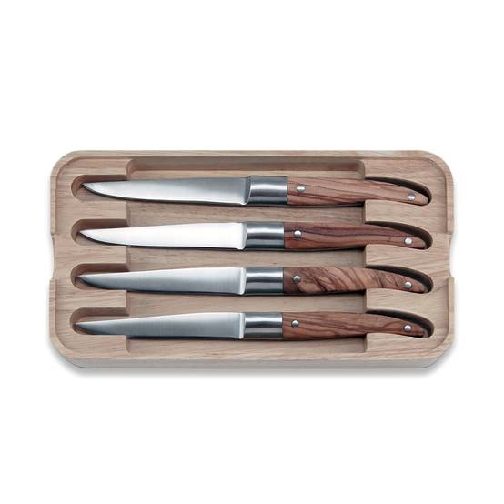 Coffret de 4 couteaux à steak Laguiole, manche en olivier
