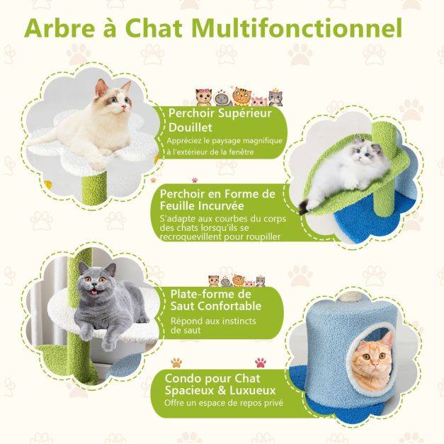 Arbre à chat en forme de fleur 87 cm avec niche et griffoirs en sisal naturel tour à chat 5 niveaux avec boules de peluche - Image 3