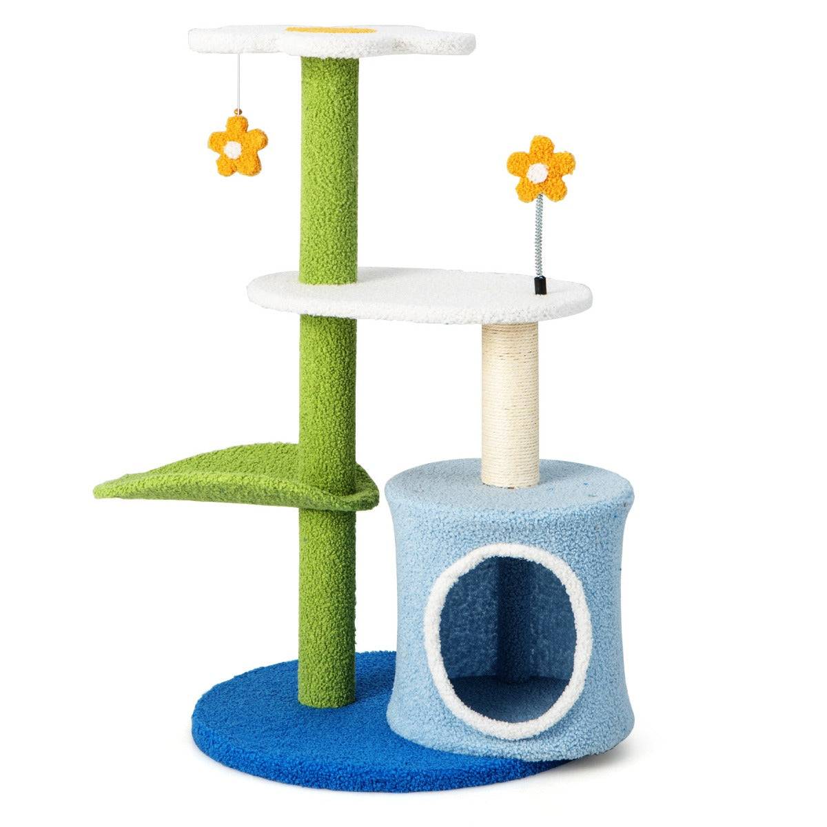 Arbre à chat en forme de fleur 87 cm avec niche et griffoirs en sisal naturel tour à chat 5 niveaux avec boules de peluche - Image 1