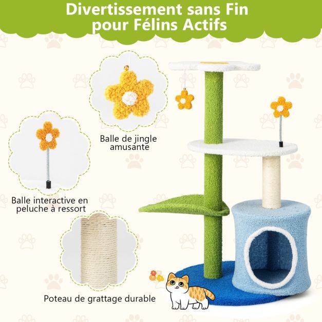 Arbre à chat en forme de fleur 87 cm avec niche et griffoirs en sisal naturel tour à chat 5 niveaux avec boules de peluche - Image 4