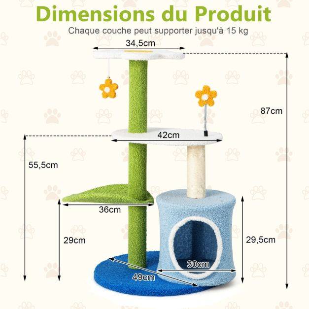 Arbre à chat en forme de fleur 87 cm avec niche et griffoirs en sisal naturel tour à chat 5 niveaux avec boules de peluche - Image 6