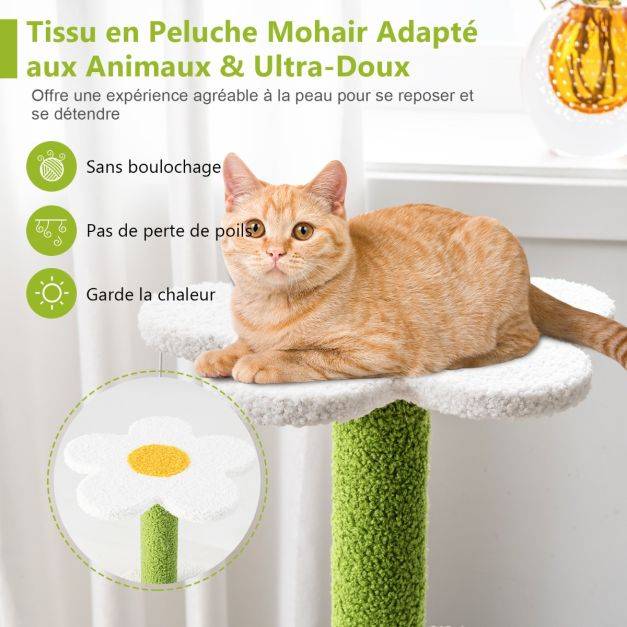 Arbre à chat en forme de fleur 87 cm avec niche et griffoirs en sisal naturel tour à chat 5 niveaux avec boules de peluche - Image 5