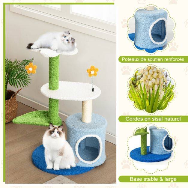 Arbre à chat en forme de fleur 87 cm avec niche et griffoirs en sisal naturel tour à chat 5 niveaux avec boules de peluche - Image 2