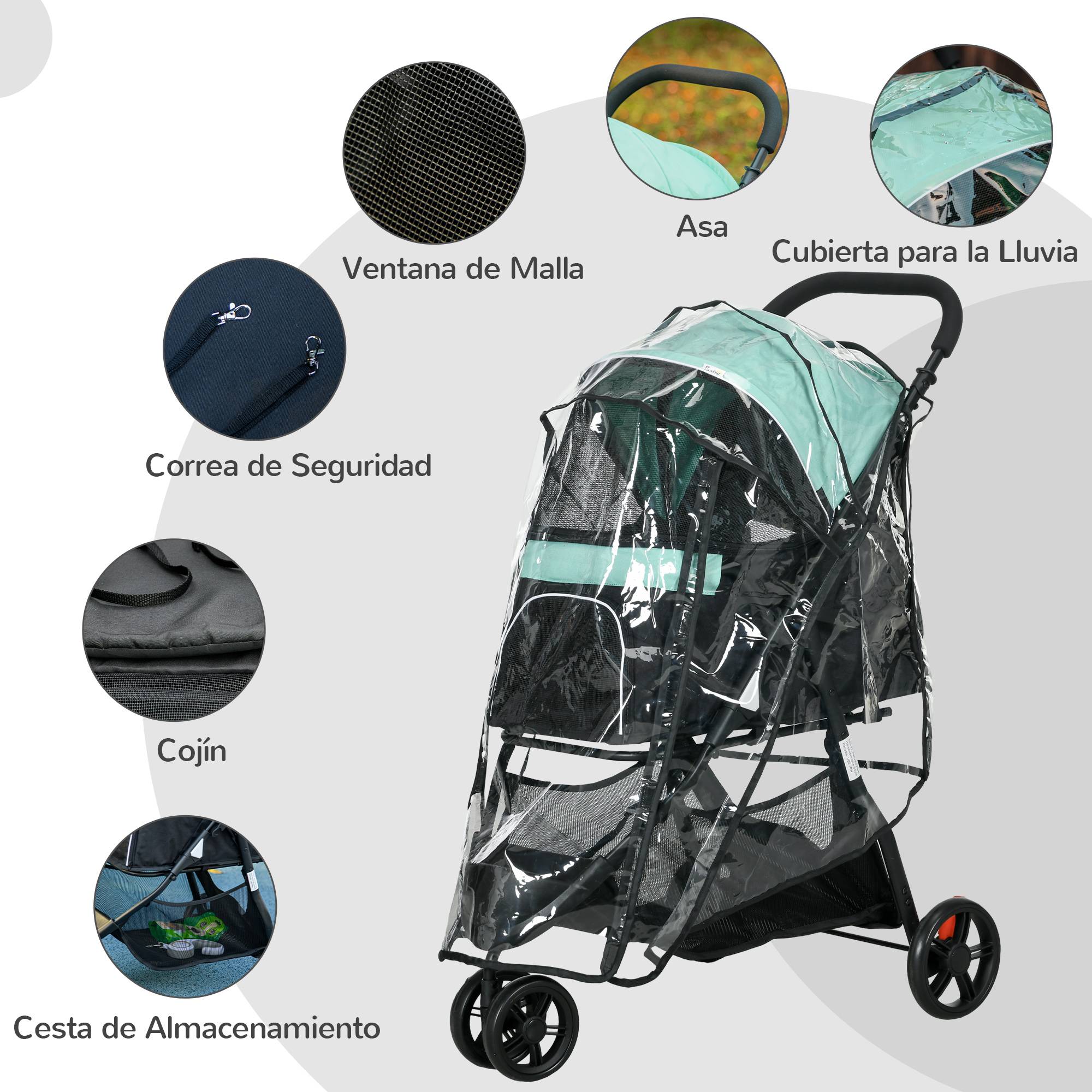 Poussette pour petit chien avec panier de rangement, protection pluie et fenêtre en filet, 80,5 x 51,5 x 100 cm, verte - Image 9