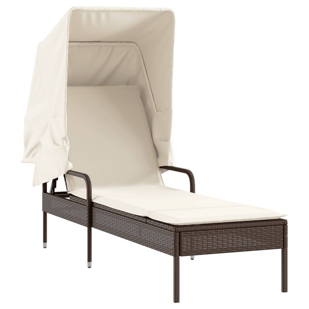 Chaise longue | Transat | Bain de soleil avec auvent et table marron résine tressée - Image 5