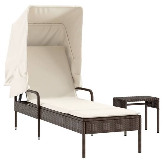 Chaise longue | Transat | Bain de soleil avec auvent et table marron résine tressée - Image 1