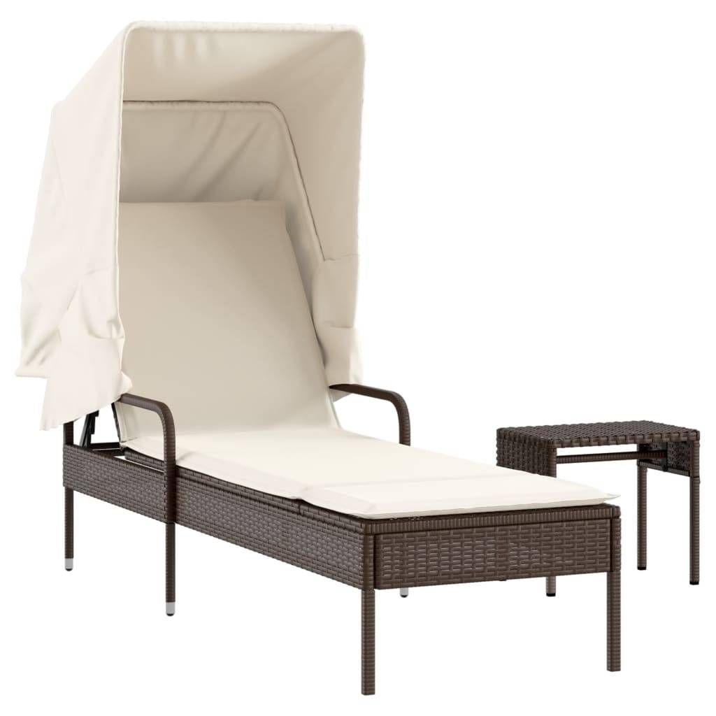 Chaise longue | Transat | Bain de soleil avec auvent et table marron résine tressée - Image 1