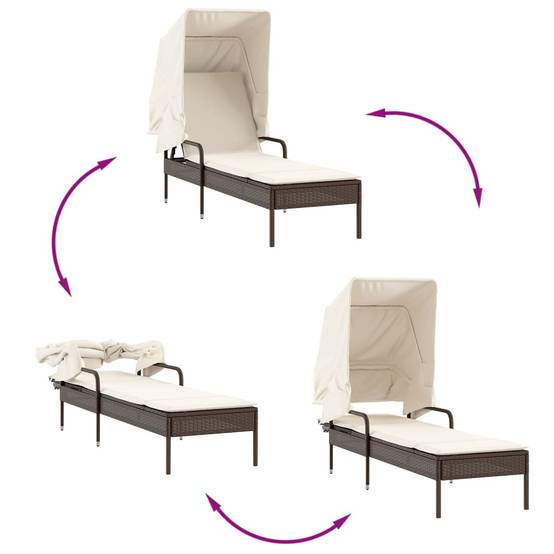 Chaise longue | Transat | Bain de soleil avec auvent et table marron résine tressée - Image 8