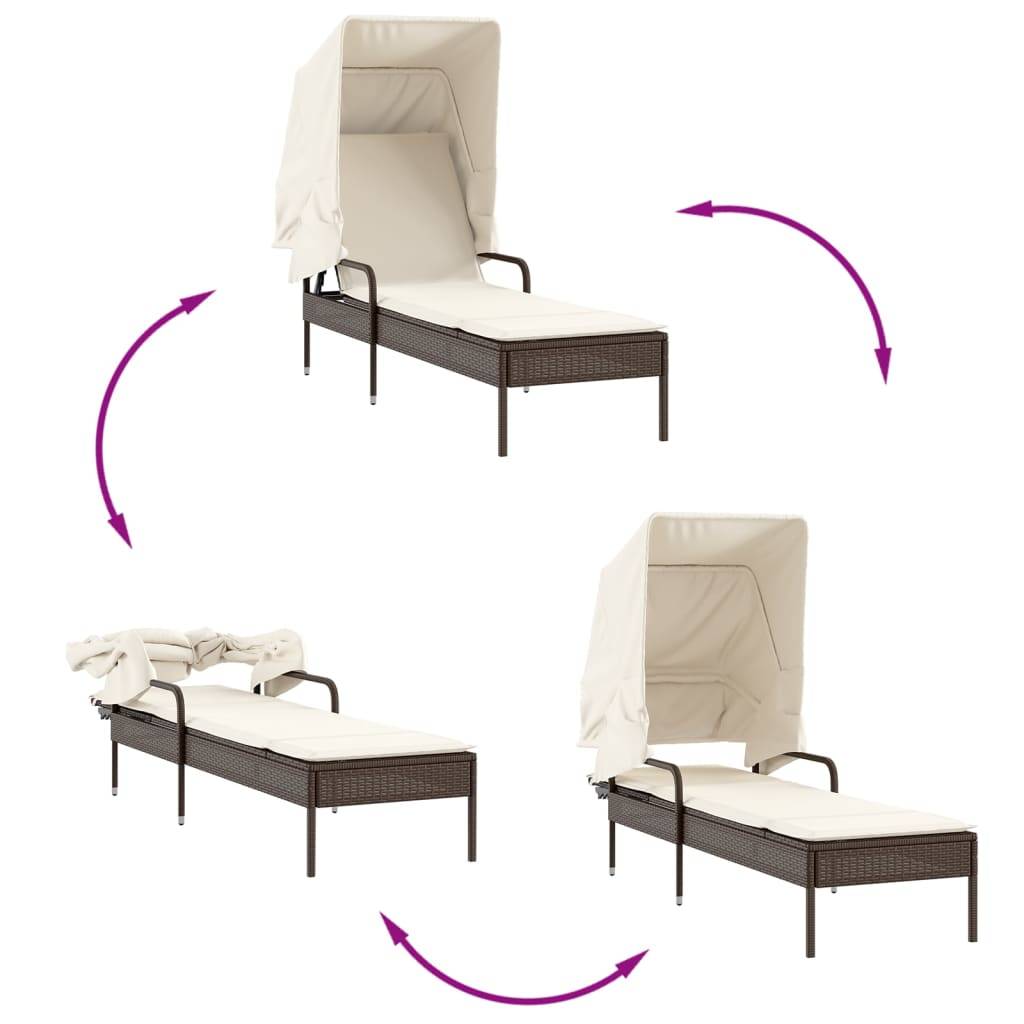 Chaise longue | Transat | Bain de soleil avec auvent et table marron résine tressée - Image 8