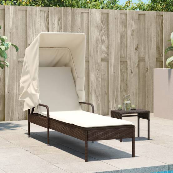 Chaise longue | Transat | Bain de soleil avec auvent et table marron résine tressée - Image 3