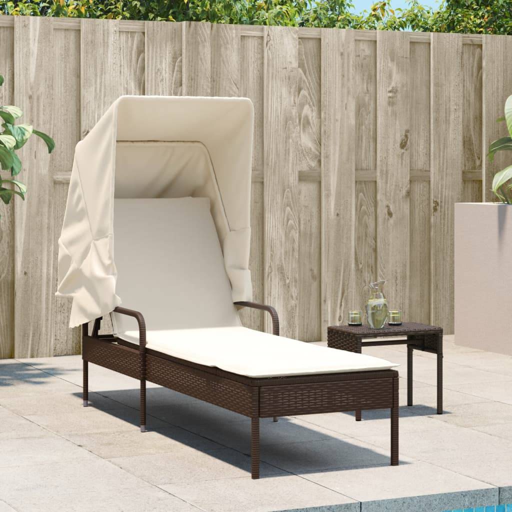 Chaise longue | Transat | Bain de soleil avec auvent et table marron résine tressée - Image 3