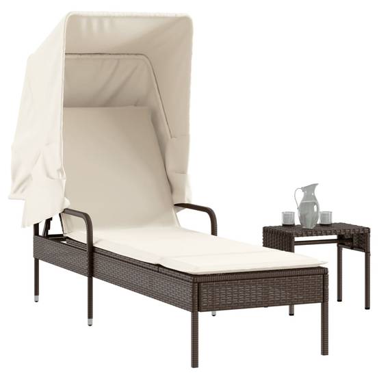 Chaise longue | Transat | Bain de soleil avec auvent et table marron résine tressée - Image 2