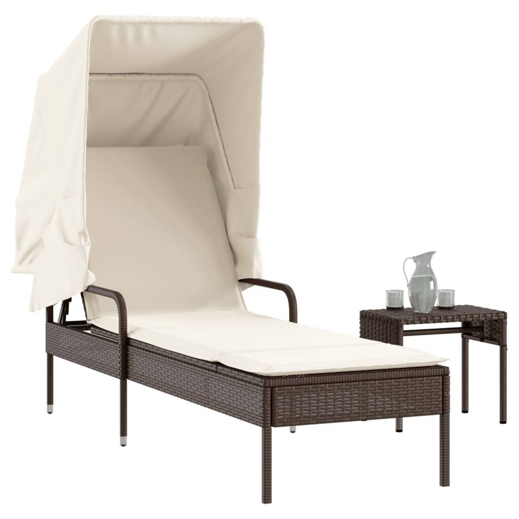Chaise longue | Transat | Bain de soleil avec auvent et table marron résine tressée - Image 2