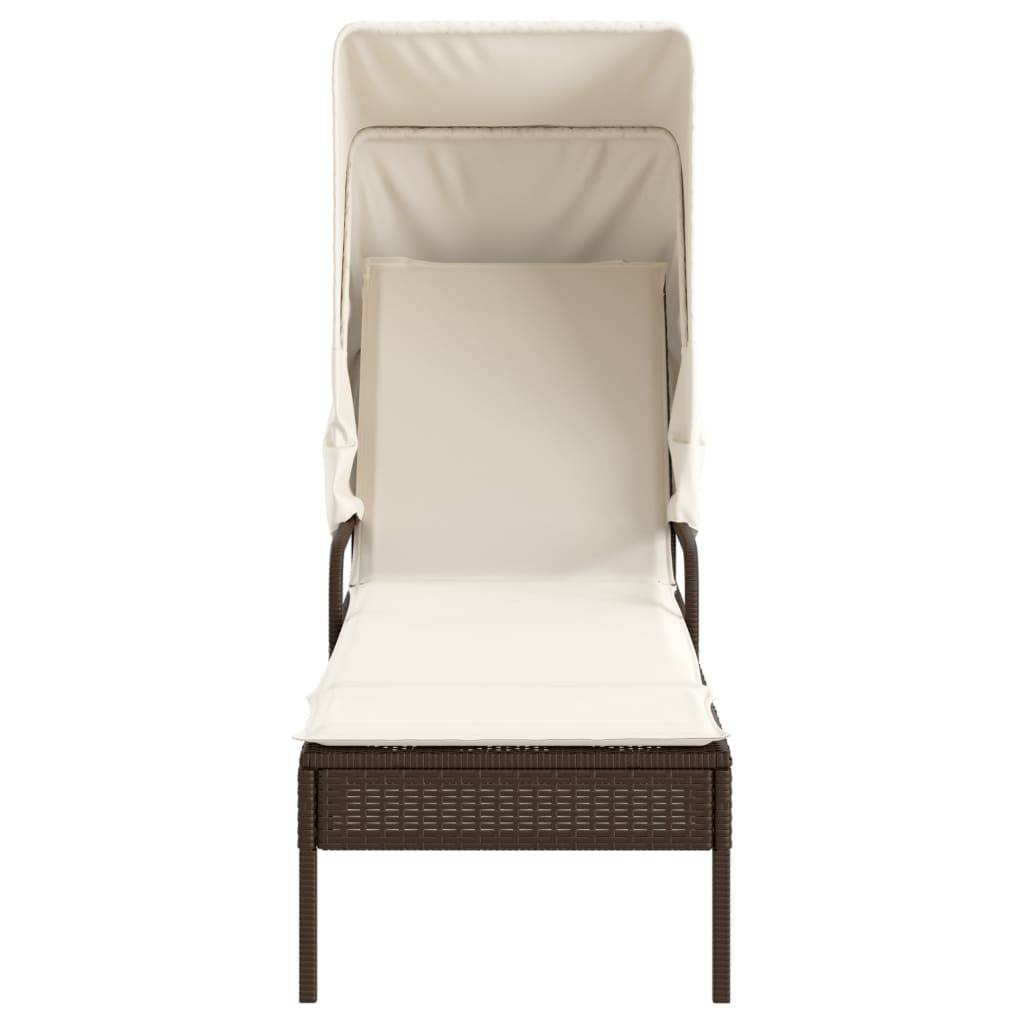 Chaise longue | Transat | Bain de soleil avec auvent et table marron résine tressée - Image 6