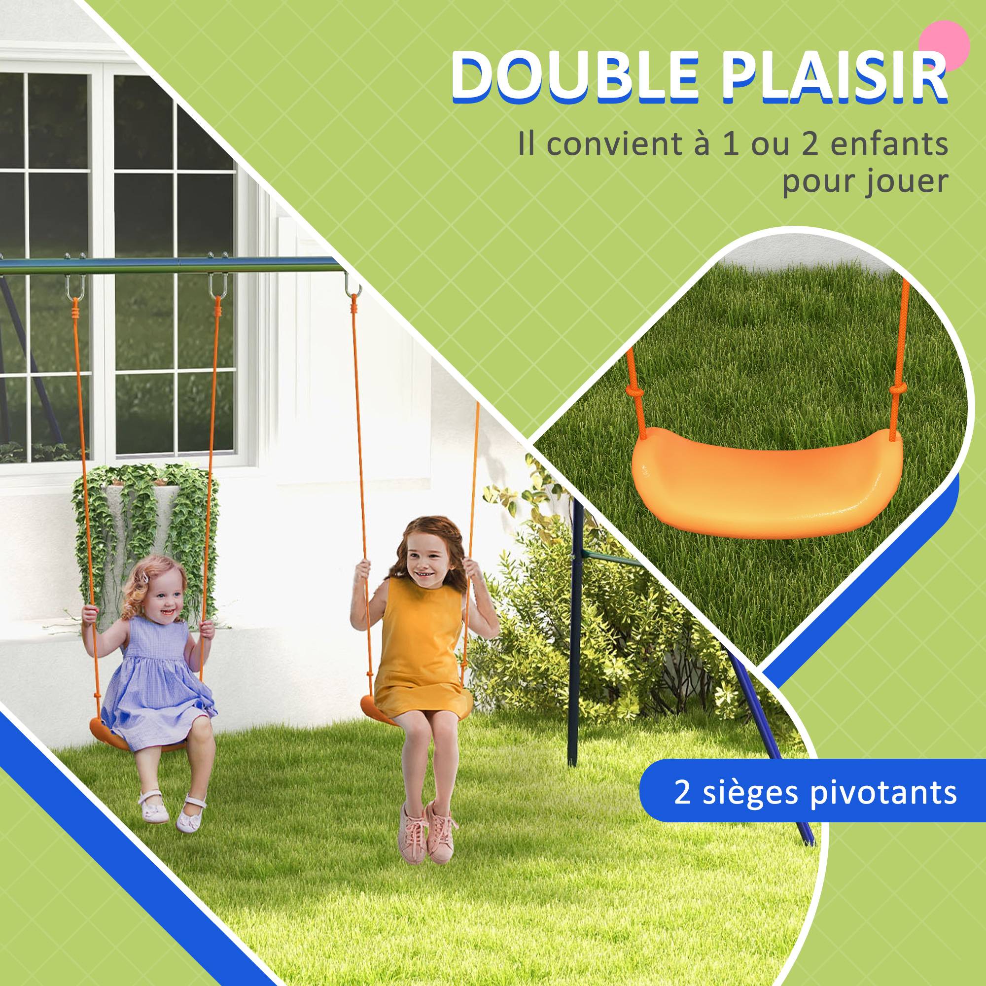 Balançoire portique balançoire pour enfants avec 2 siège de balançoire structure en métal charge max. 90 kg - Image 6