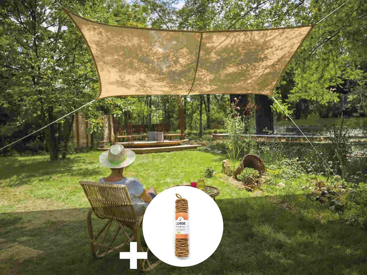 Voile d'ombrage Naturelle Jute Rectangulaire 3 x 2 m + 1 corde fibre de coco 12 m - Jardiline