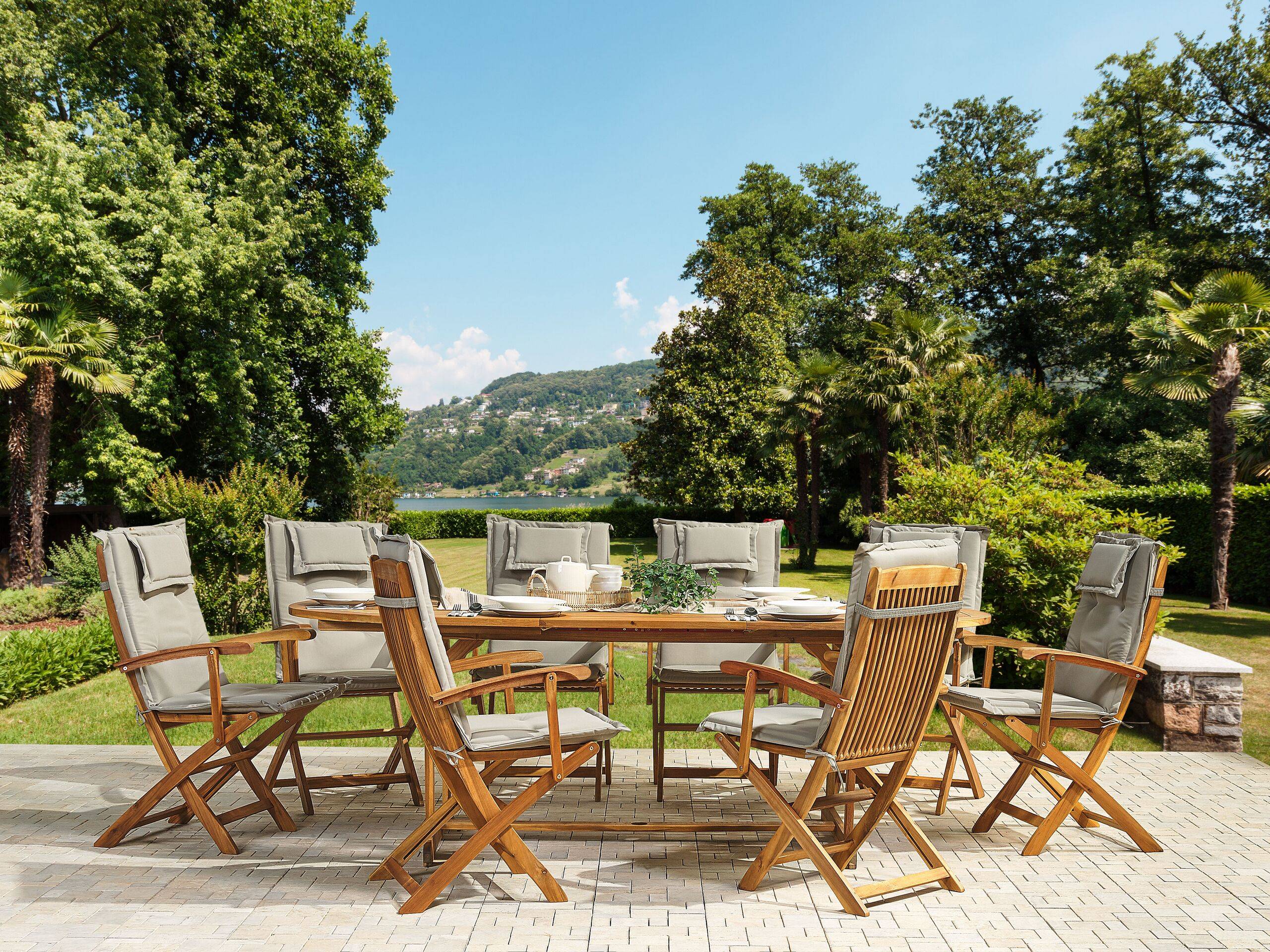 Beliani - Ensemble de Jardin 8 Chaises Pliables en Bois avec Coussins d'Assise Beige-Gris Beliani - Image 2
