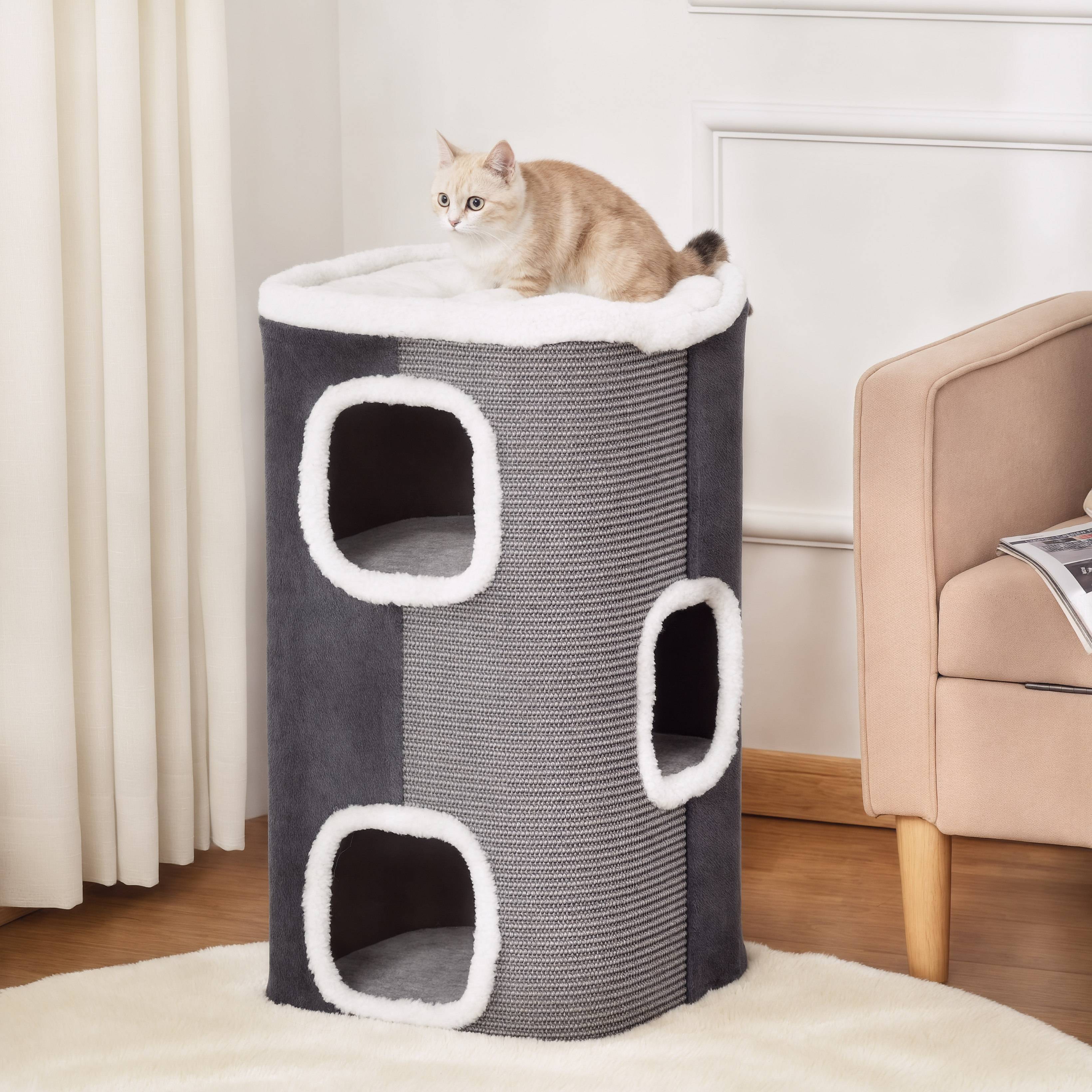 Sans Marque - Tonneau 74 cm, 3 étages, coussin, bord peluche, cabane, petit chat, Gris+Blanc - Image 3