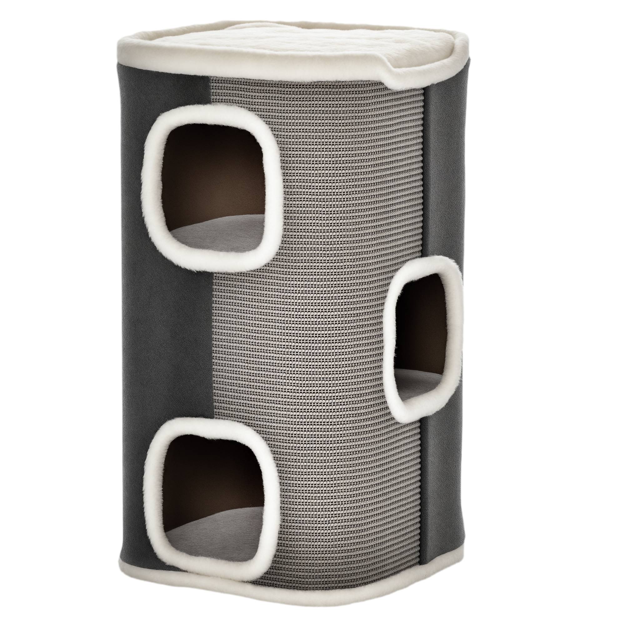 Sans Marque - Tonneau 74 cm, 3 étages, coussin, bord peluche, cabane, petit chat, Gris+Blanc - Image 1