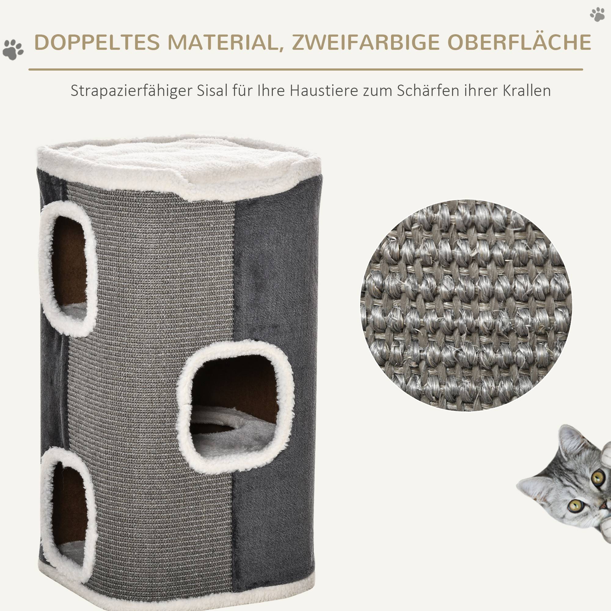 Sans Marque - Tonneau 74 cm, 3 étages, coussin, bord peluche, cabane, petit chat, Gris+Blanc - Image 8