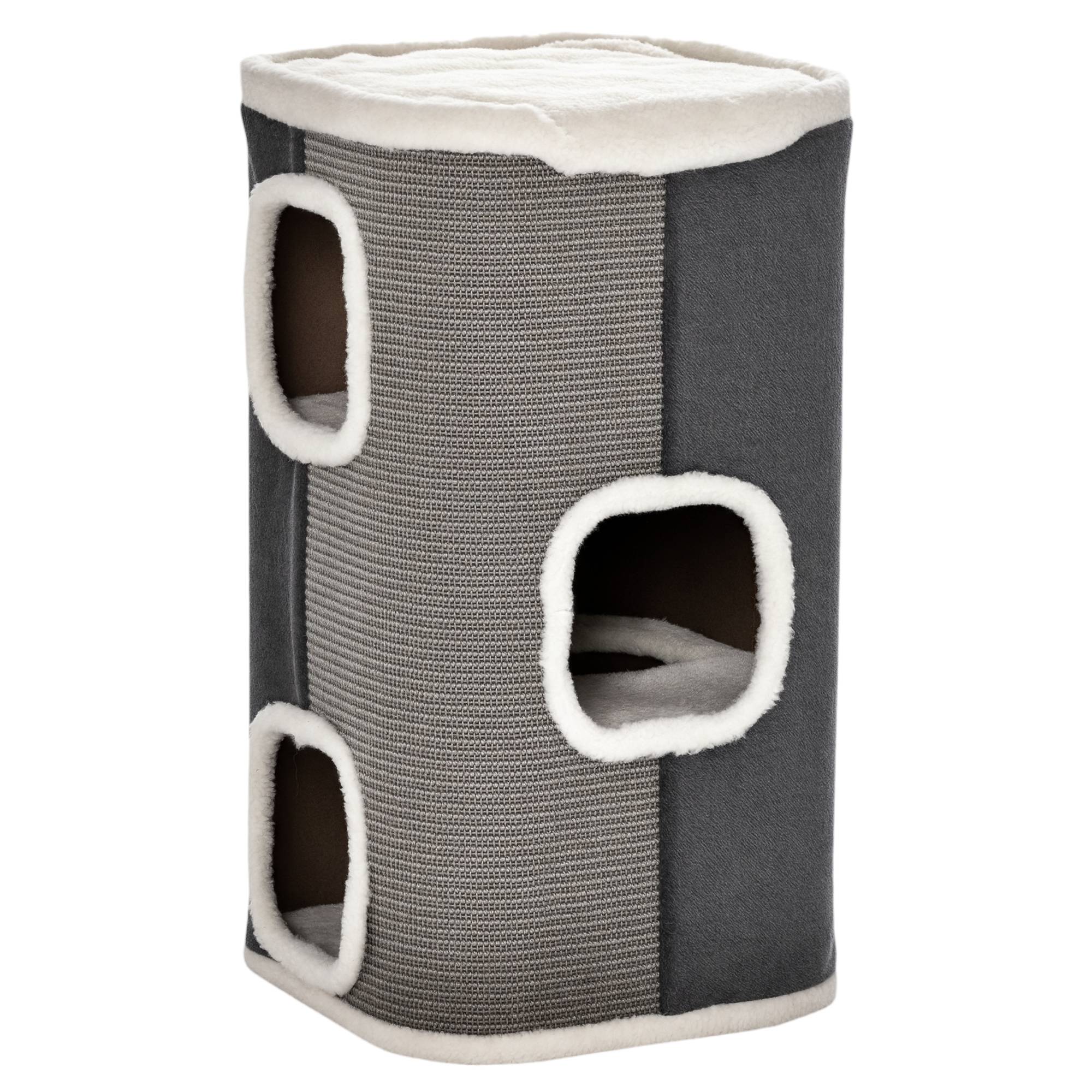 Sans Marque - Tonneau 74 cm, 3 étages, coussin, bord peluche, cabane, petit chat, Gris+Blanc - Image 2