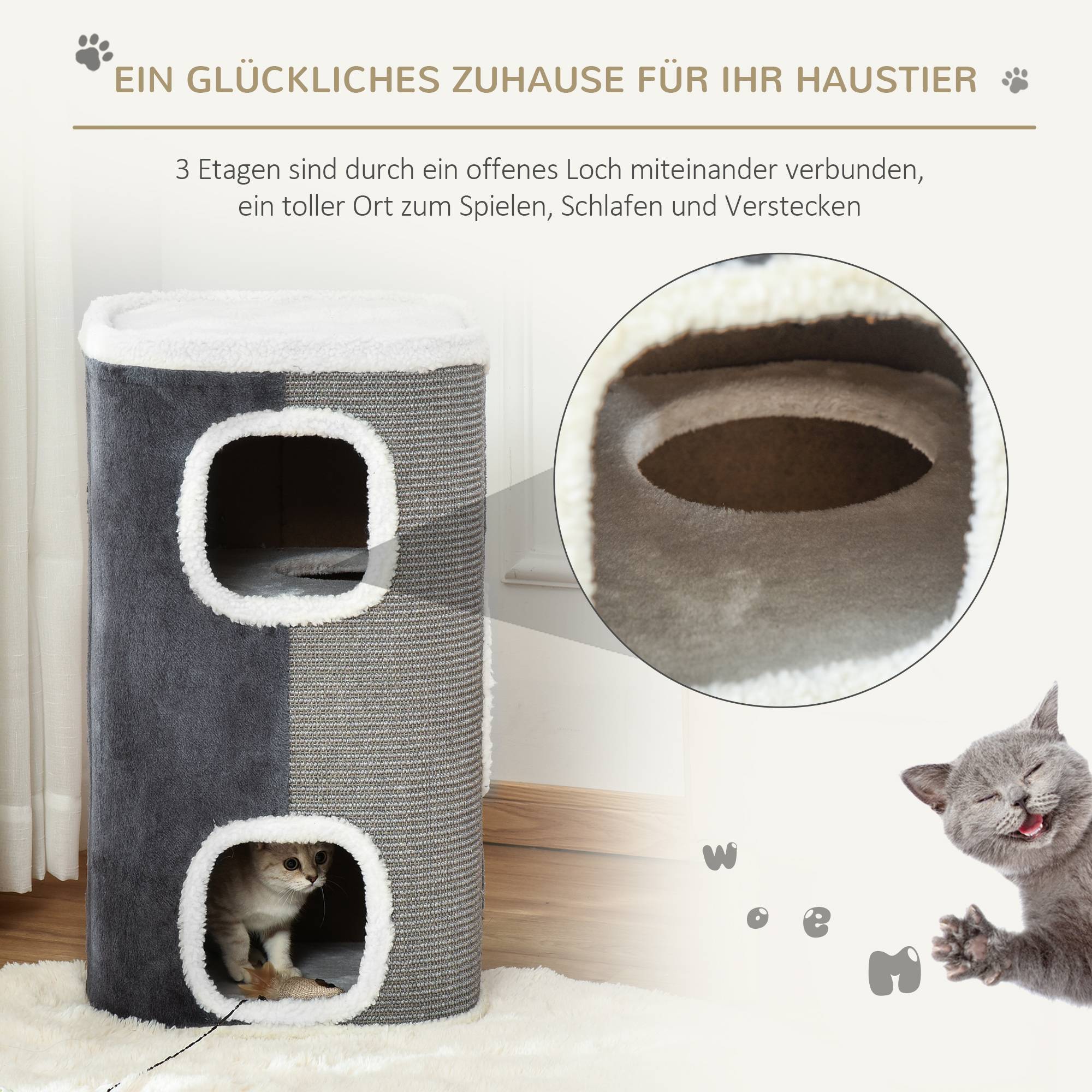 Sans Marque - Tonneau 74 cm, 3 étages, coussin, bord peluche, cabane, petit chat, Gris+Blanc - Image 6