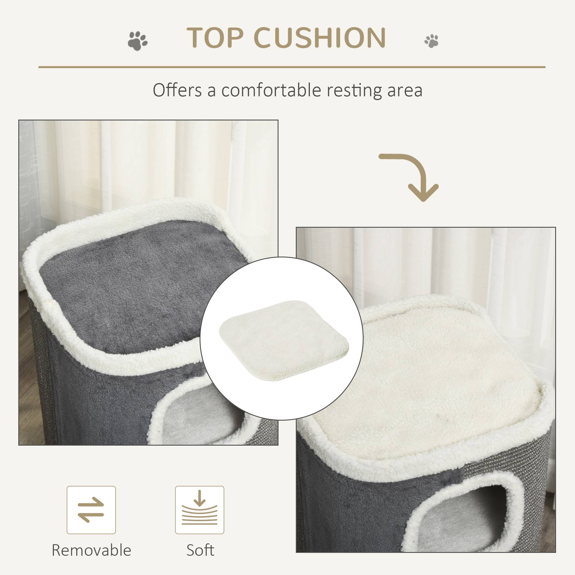 Sans Marque - Tonneau 74 cm, 3 étages, coussin, bord peluche, cabane, petit chat, Gris+Blanc - Image 9