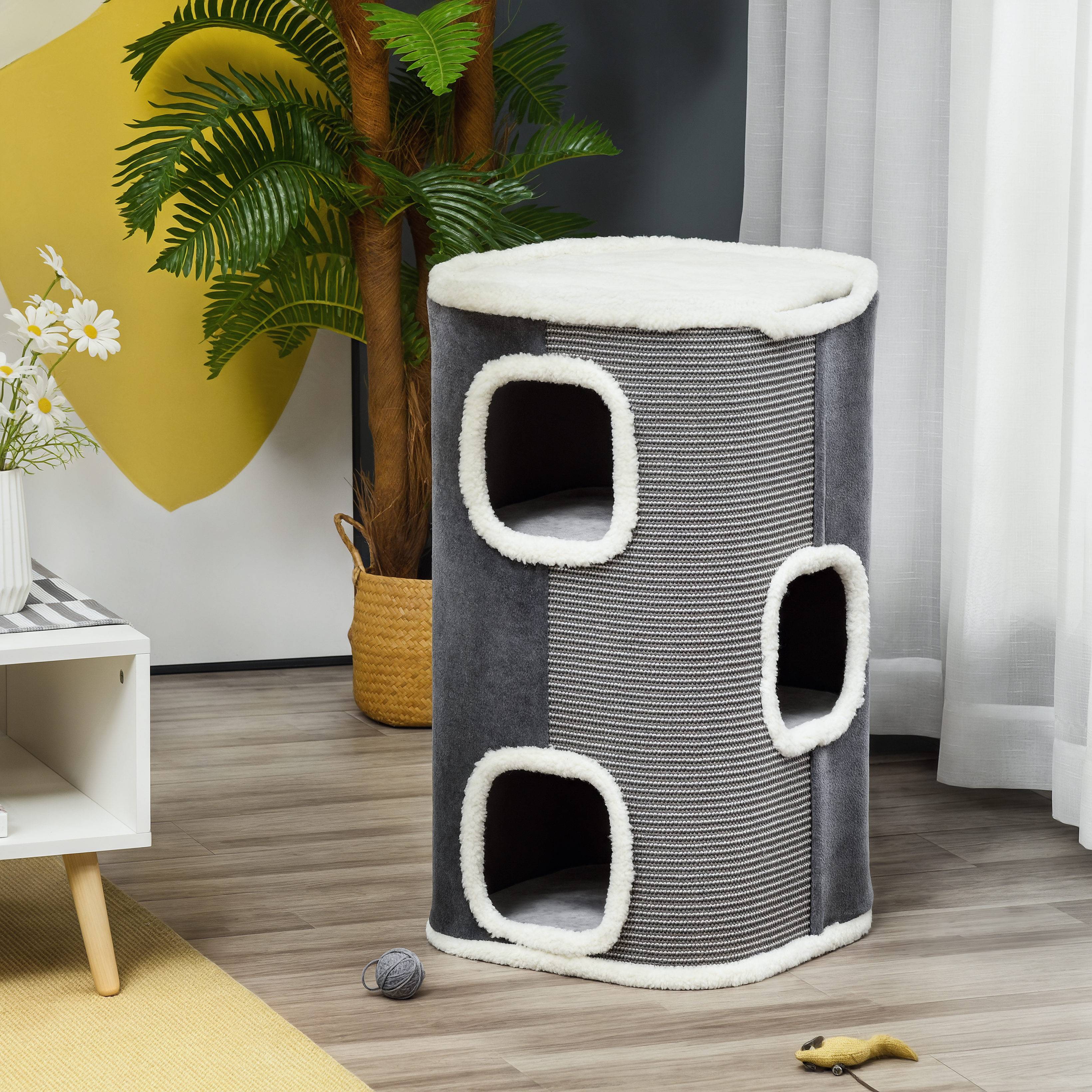Sans Marque - Tonneau 74 cm, 3 étages, coussin, bord peluche, cabane, petit chat, Gris+Blanc - Image 4