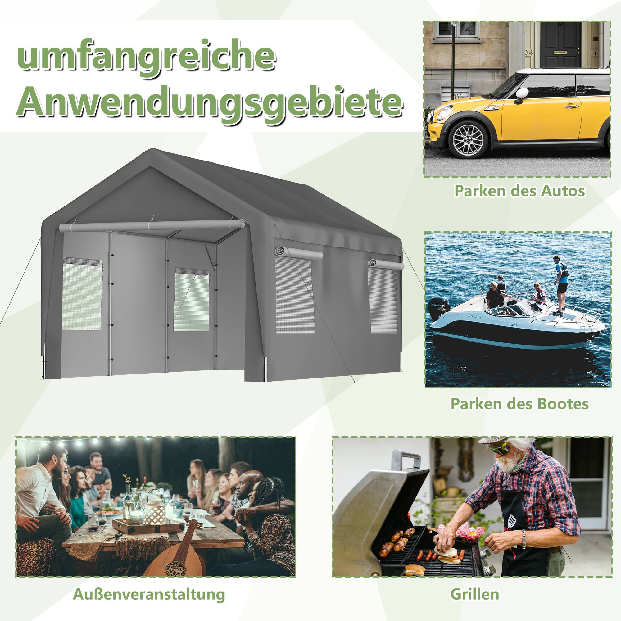 Tente de carport 3×6m grise, résistante à l'hiver avec fenêtres enroulables, parois et toit amovibles, protection pour voiture, SUV, bateau et camion - Image 3