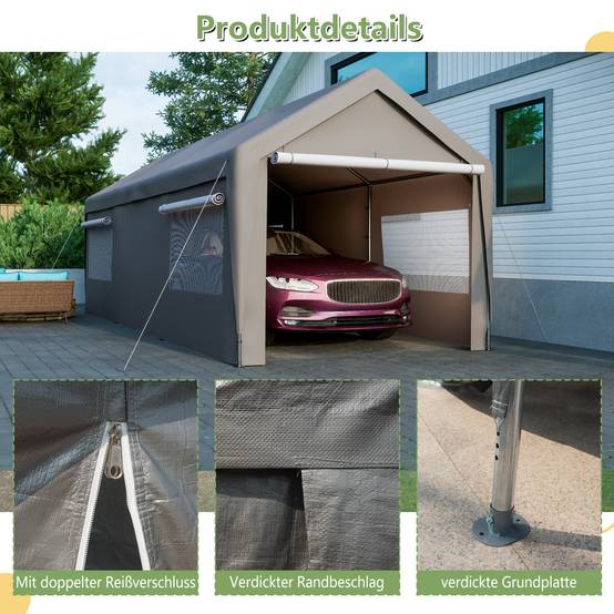 Tente de carport 3×6m grise, résistante à l'hiver avec fenêtres enroulables, parois et toit amovibles, protection pour voiture, SUV, bateau et camion - Image 6