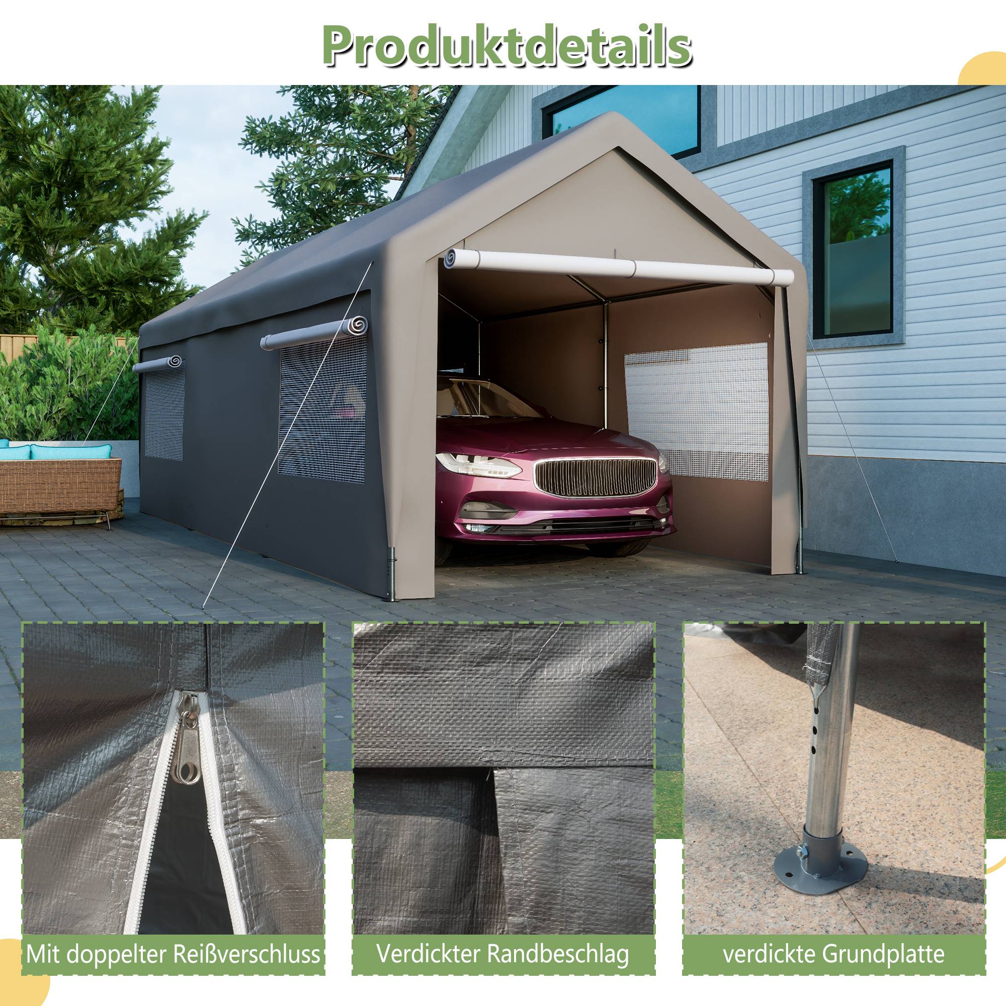 Tente de carport 3×6m grise, résistante à l'hiver avec fenêtres enroulables, parois et toit amovibles, protection pour voiture, SUV, bateau et camion - Image 6