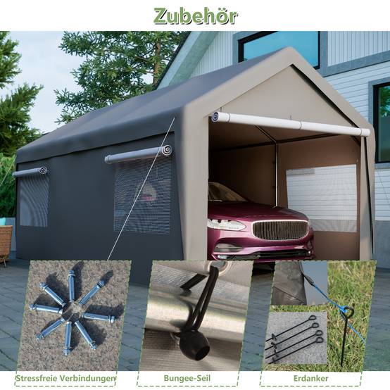 Tente de carport 3×6m grise, résistante à l'hiver avec fenêtres enroulables, parois et toit amovibles, protection pour voiture, SUV, bateau et camion - Image 7