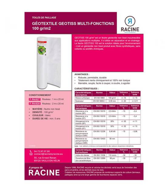 Feutre géotextile barrière perméable du sol 2x25ml RACINE F-PAI028 - Image 2