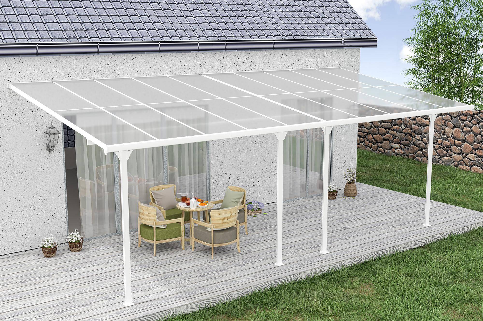 CAZEBOO - Cazeboo Pergola/Carport adossée 18m² KLEO 6x3 m blanc - toit terrasse en aluminium et polycarbonate - Image 5